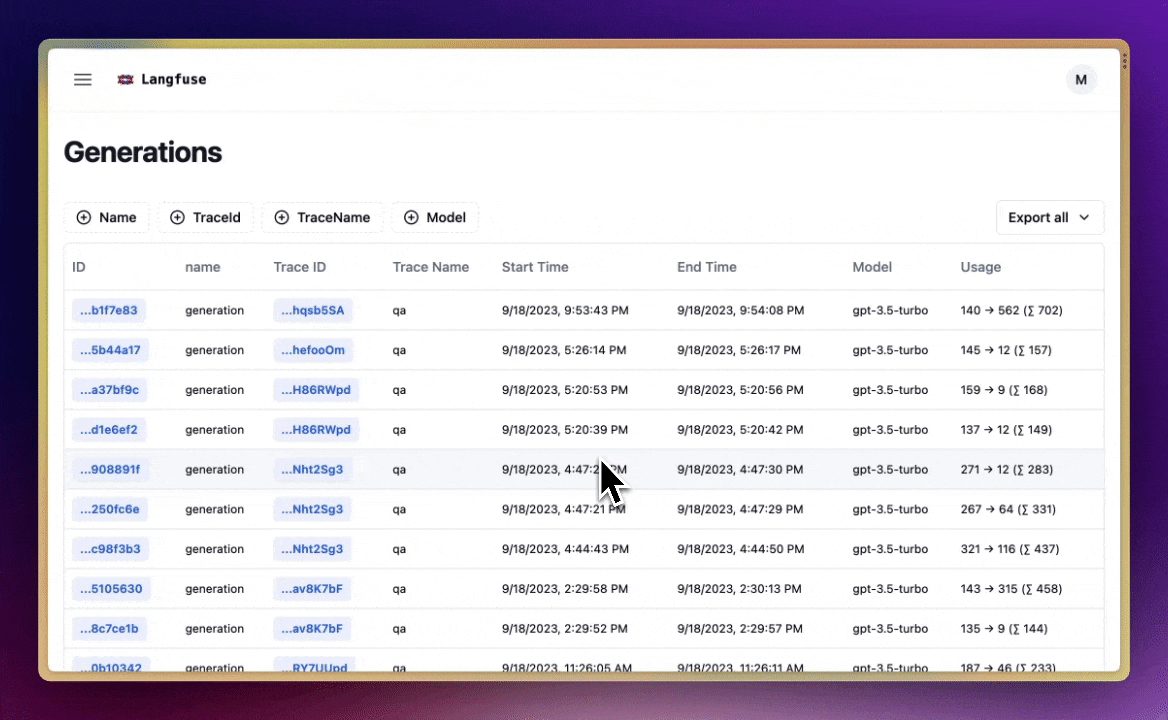 Export generations from
Langfuse